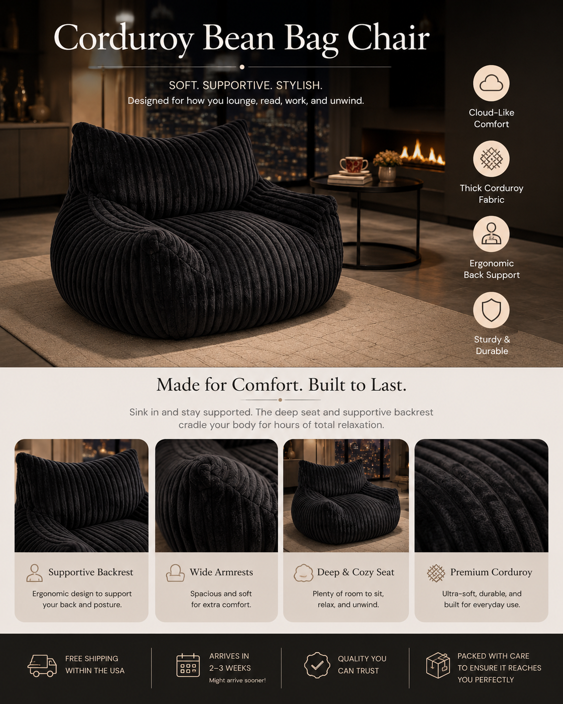 Luxury Corduroy Lounge Chair with Ottoman