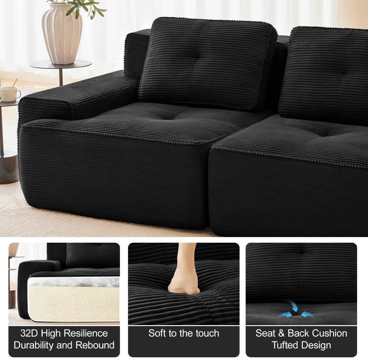 Black Modular Corduroy Sofa | Deep Seat 2 Seater Couch with Ottoman Option | No Assembly