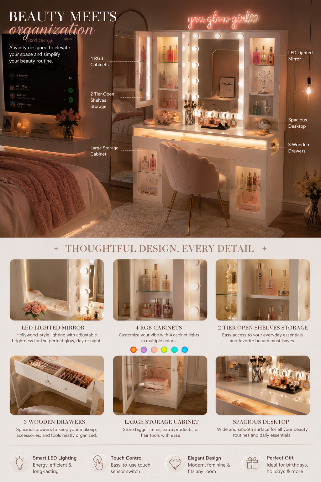 43” Glass Top Makeup Vanity | RGB LED Lights | Charging Station | White Vanity Desk | Mirror | Storage Cabinets
