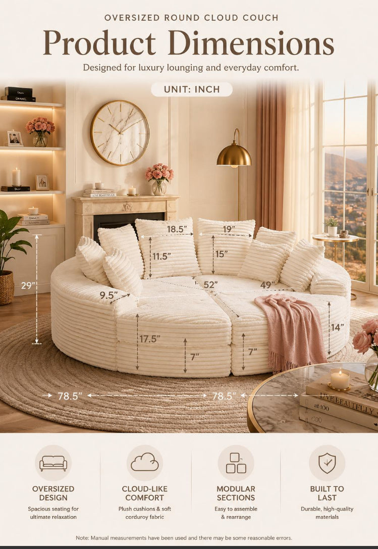 Oversized Round Cloud Couch | Convertible Corduroy Lounge Sofa Bed
