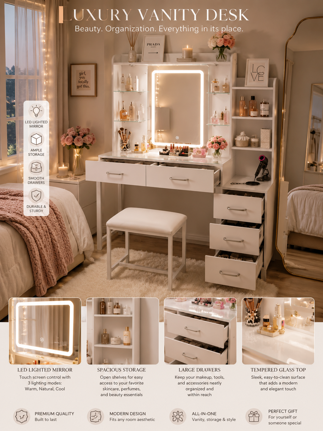 White Makeup Vanity | LED Mirror | Vanity Desk with Glass Top | RGB Lights | 5 Drawers |Power Outlet | Bench Included