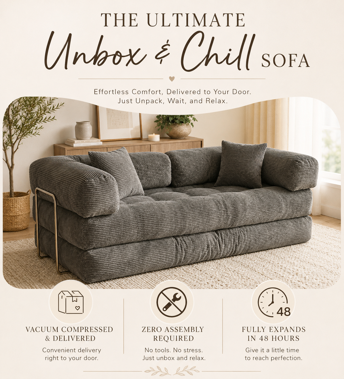 Cloud Corduroy Sleeper Sofa Bed | Deep Seat Lounge Couch | No Assembly Floor Sofa | Convertible Loveseat Furniture