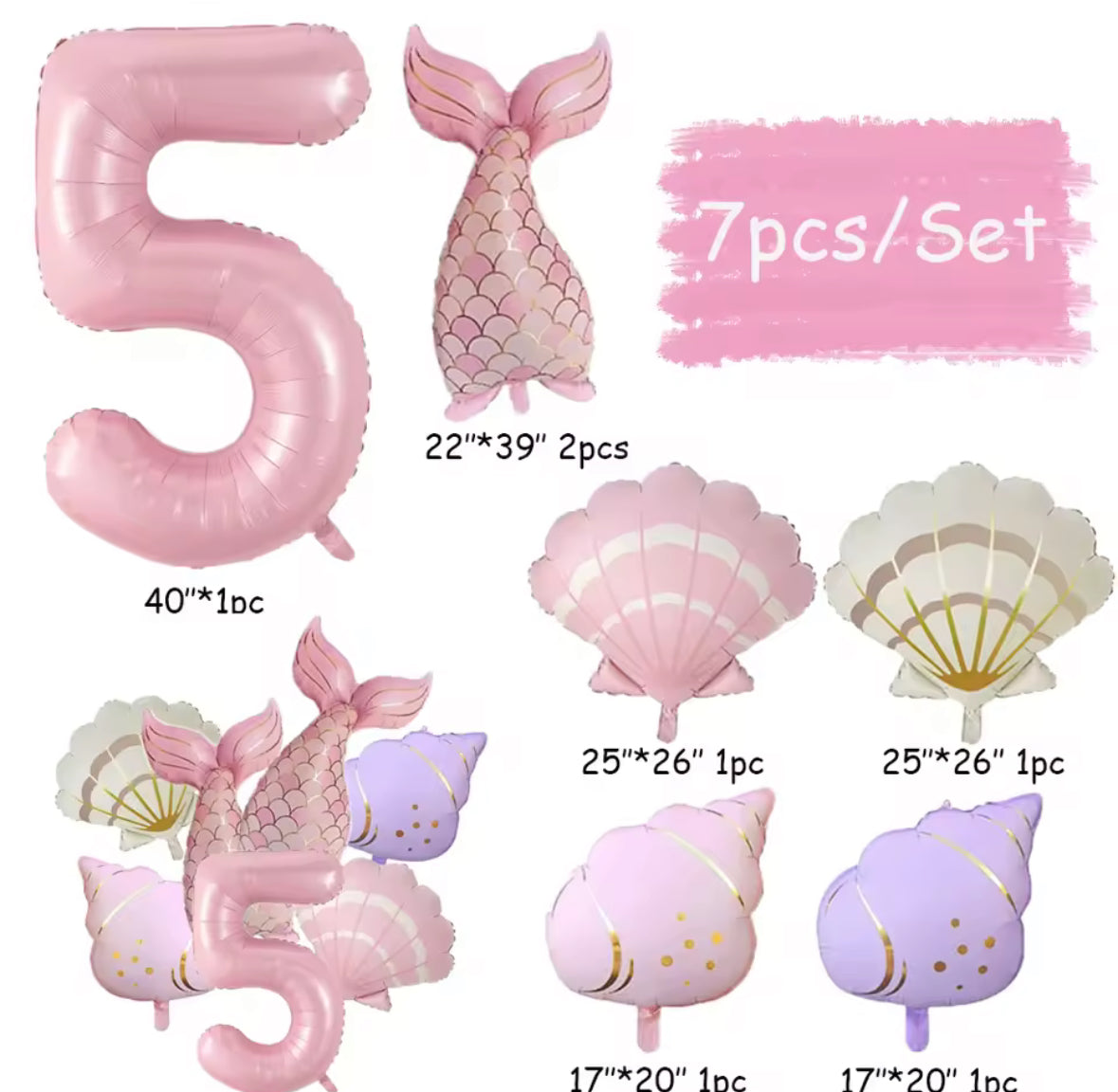 Mermaid Balloon Set | 7 Piece Foil Balloon Bundle | Under the Sea Birthday Decor