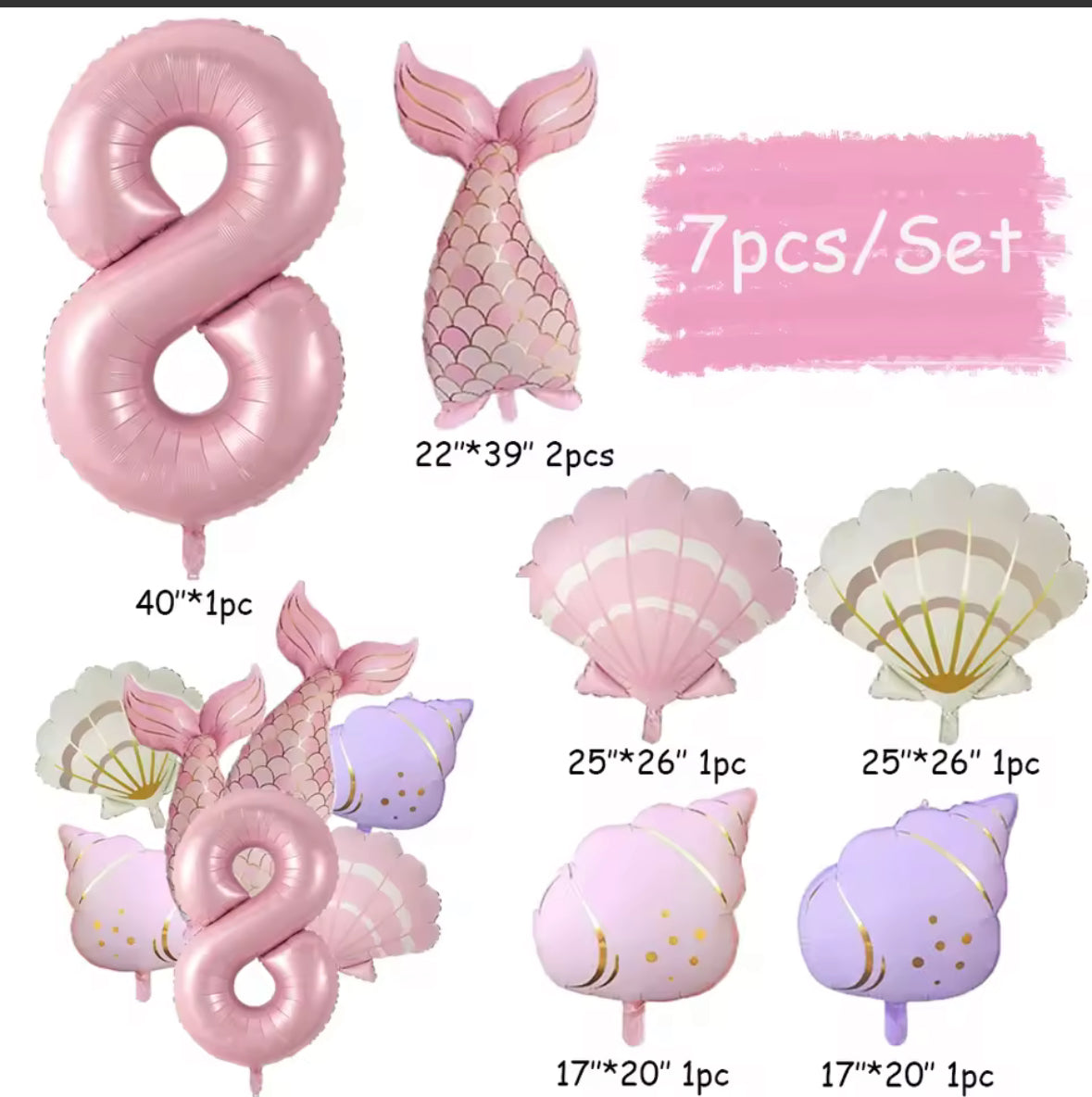 Mermaid Balloon Set | 7 Piece Foil Balloon Bundle | Under the Sea Birthday Decor