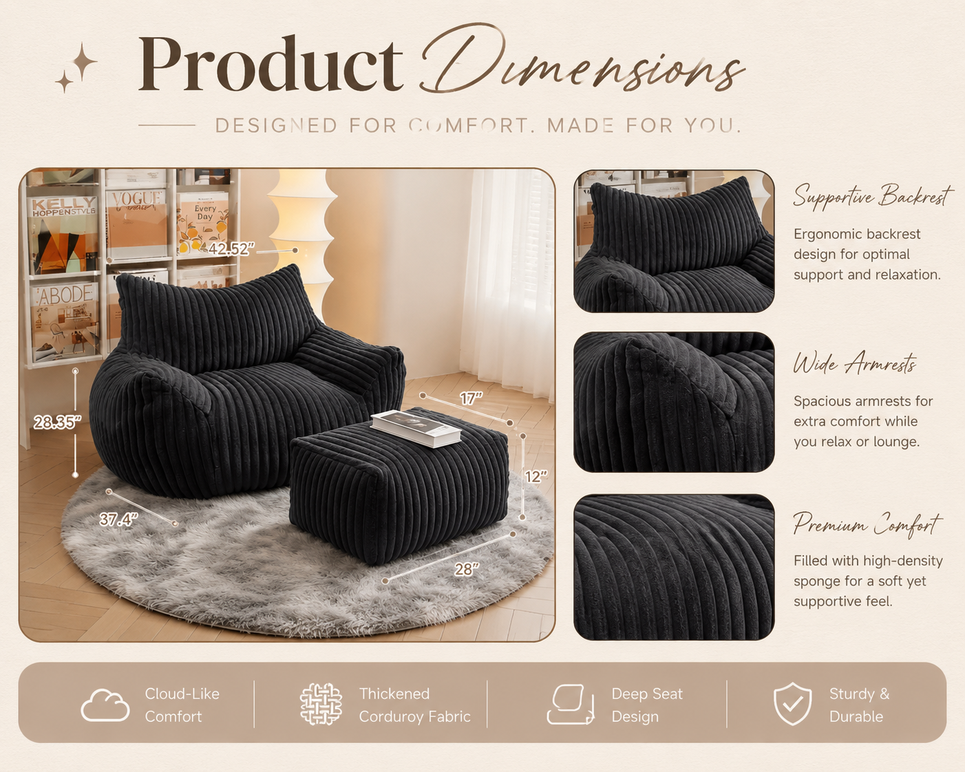 Luxury Corduroy Lounge Chair with Ottoman