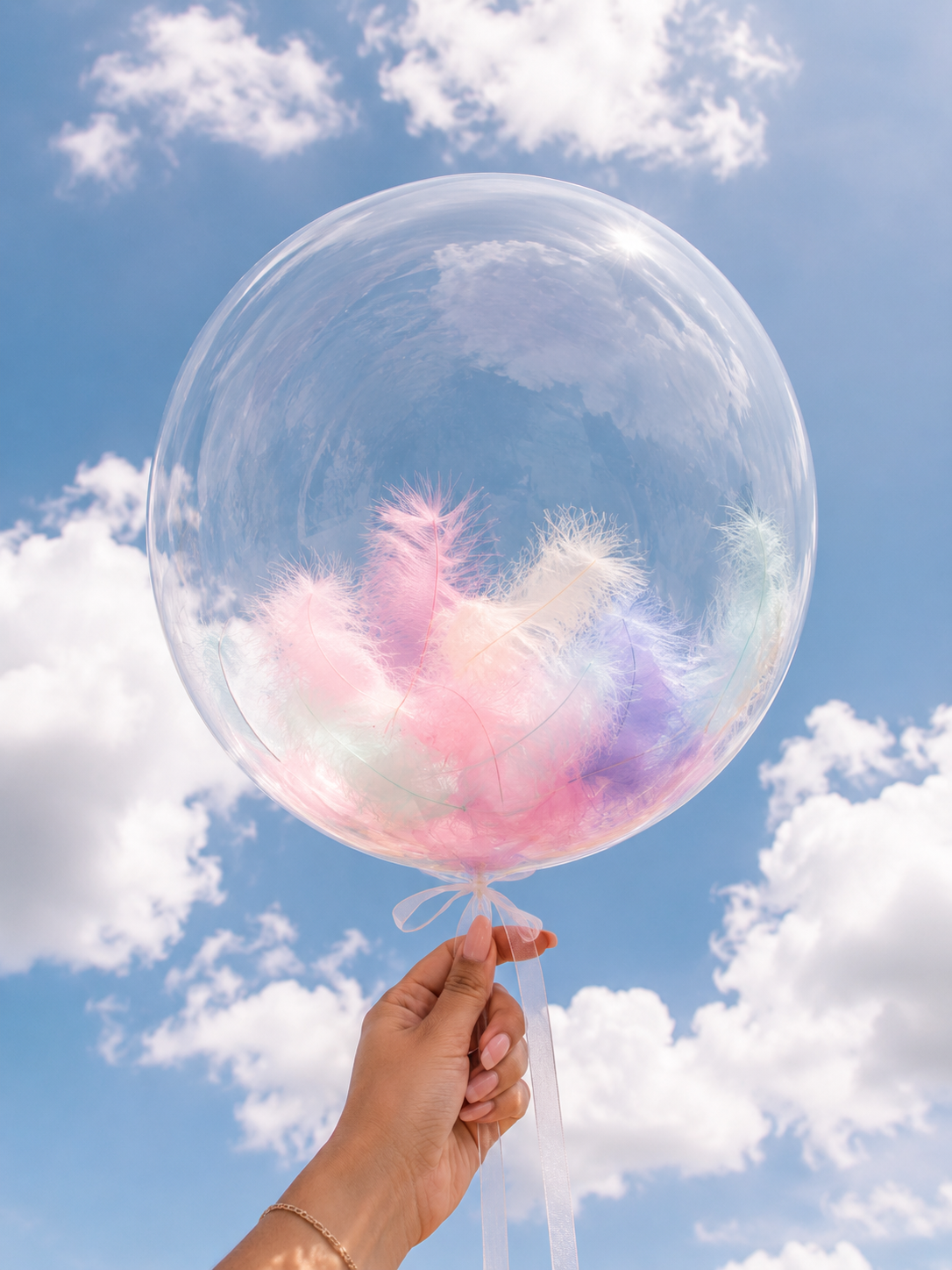 Clear Bobo Balloons 10pc + Feathers insert 50pc included.