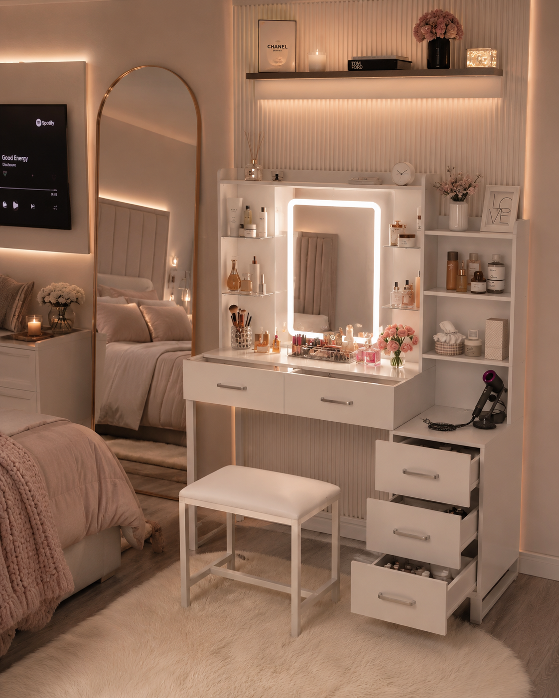 White Makeup Vanity | LED Mirror | Vanity Desk with Glass Top | RGB Lights | 5 Drawers |Power Outlet | Bench Included