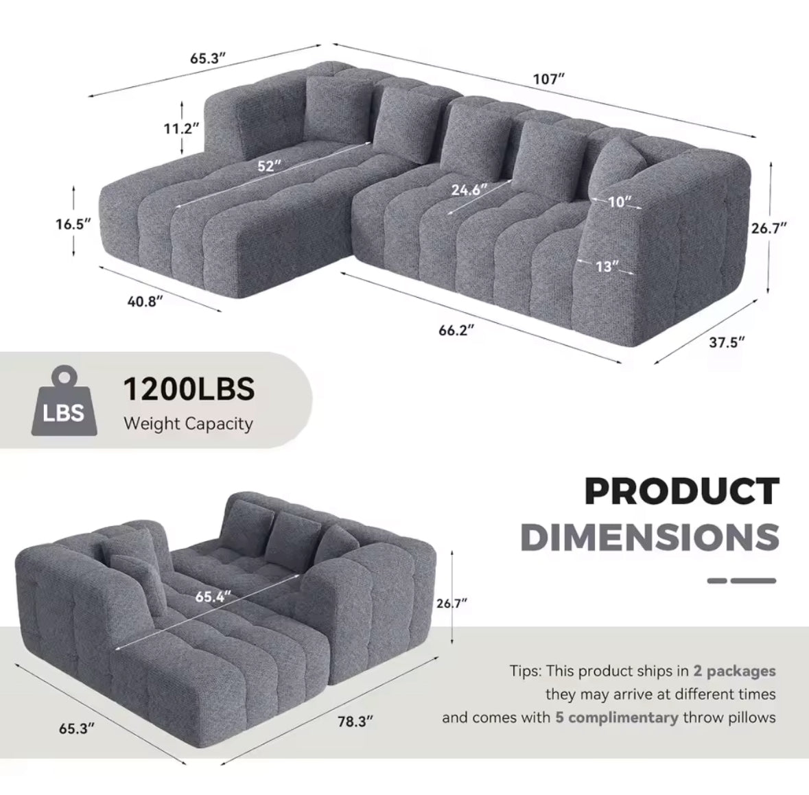 Luxury L-Shaped Cloud Couch | Modular Chenille Sleeper Sofa | Deep Seat | No Assembly