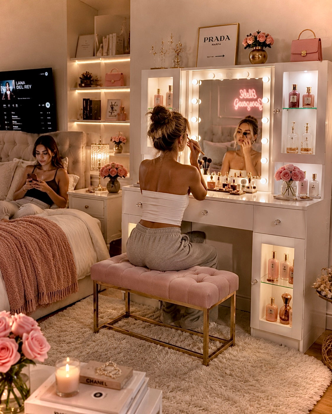 43” Glass Top Makeup Vanity | RGB LED Lights | Charging Station | White Vanity Desk | Mirror | Storage Cabinets