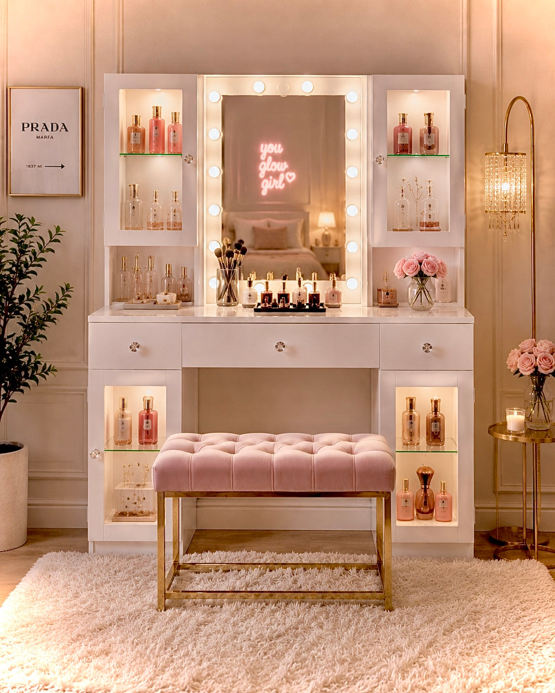 43” Glass Top Makeup Vanity | RGB LED Lights | Charging Station | White Vanity Desk | Mirror | Storage Cabinets