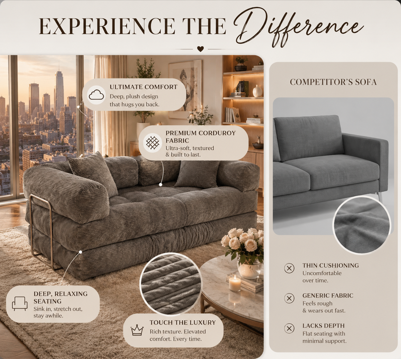 Cloud Corduroy Sleeper Sofa Bed | Deep Seat Lounge Couch | No Assembly Floor Sofa | Convertible Loveseat Furniture