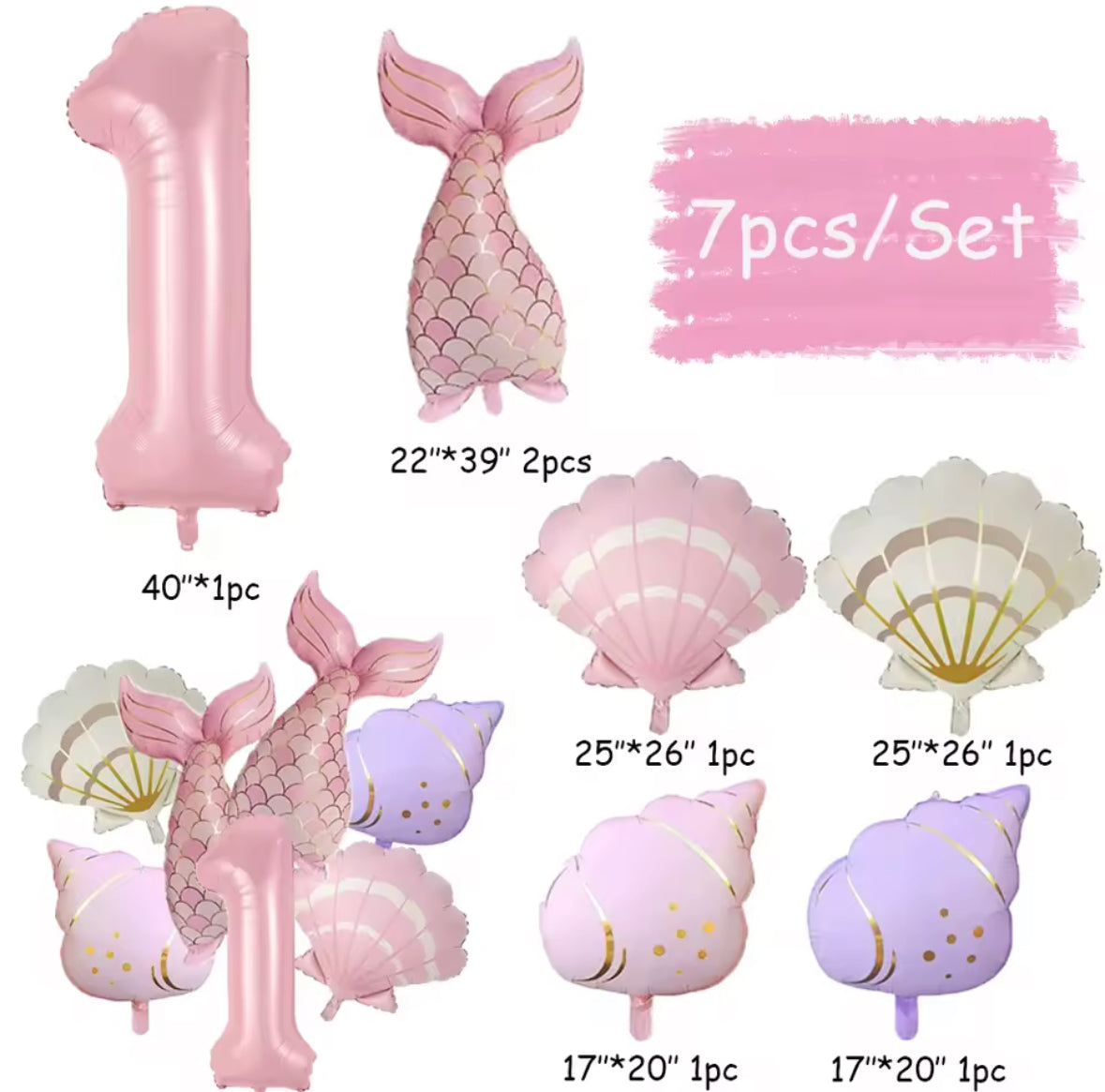 Mermaid Balloon Set | 7 Piece Foil Balloon Bundle | Under the Sea Birthday Decor
