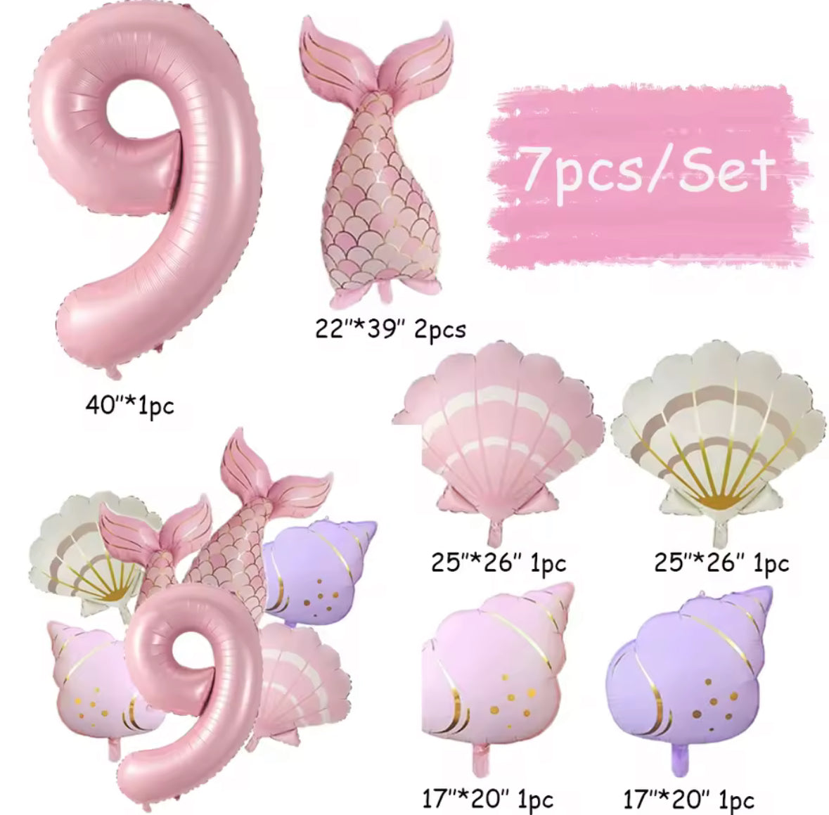 Mermaid Balloon Set | 7 Piece Foil Balloon Bundle | Under the Sea Birthday Decor