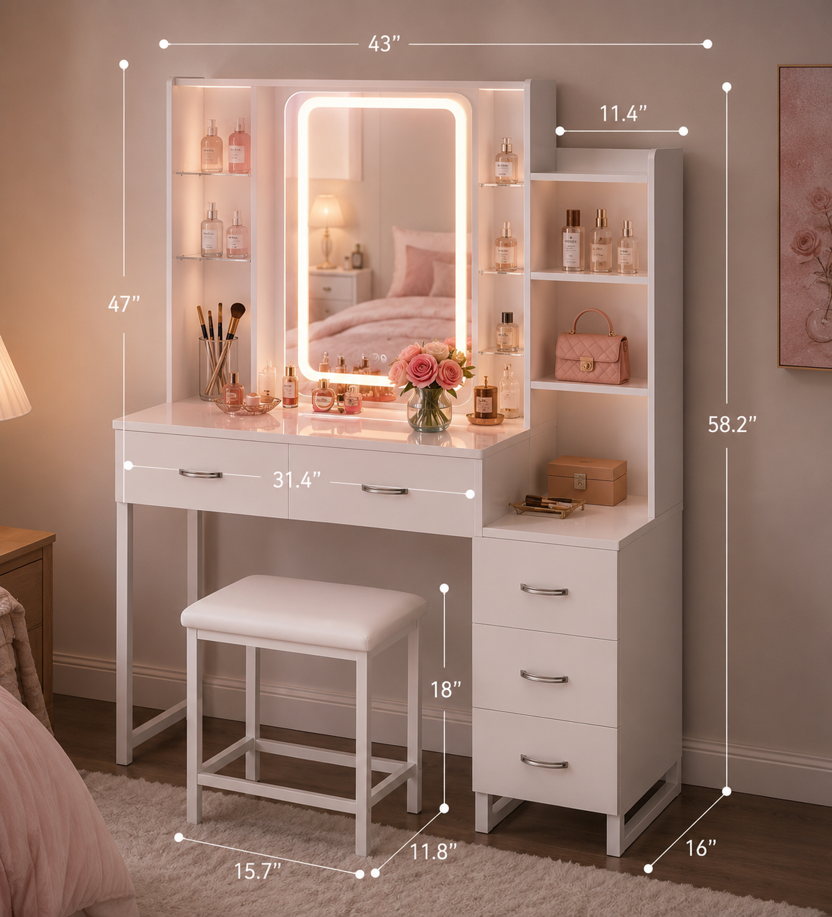 White Makeup Vanity | LED Mirror | Vanity Desk with Glass Top | RGB Lights | 5 Drawers |Power Outlet | Bench Included