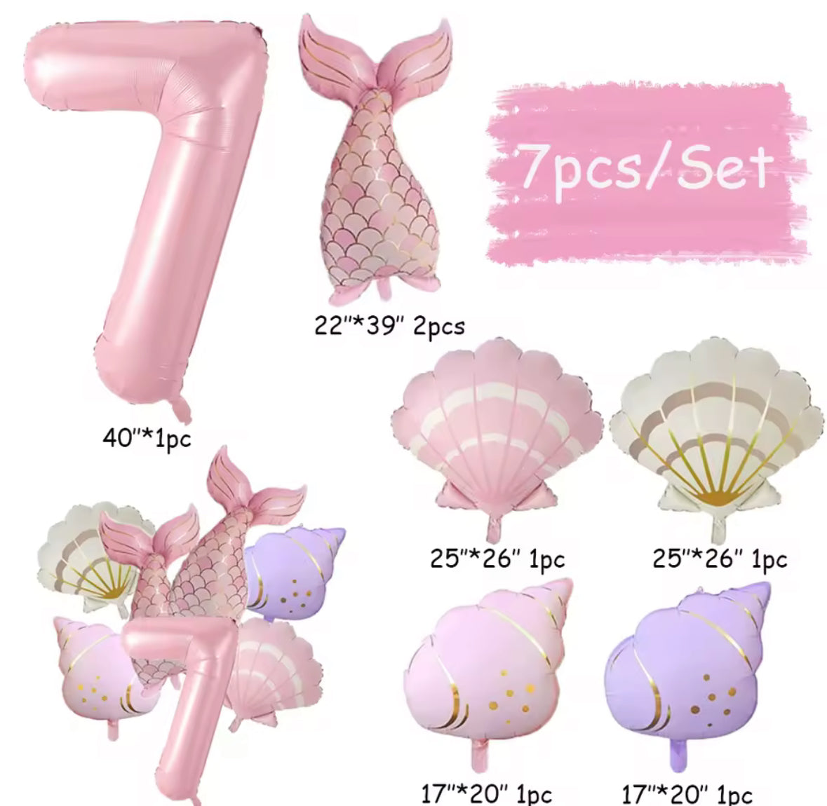 Mermaid Balloon Set | 7 Piece Foil Balloon Bundle | Under the Sea Birthday Decor