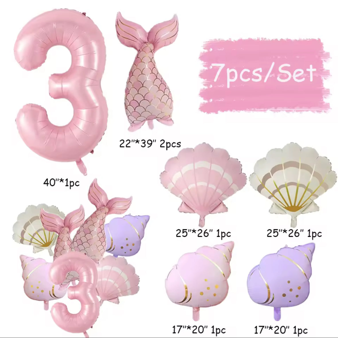 Mermaid Balloon Set | 7 Piece Foil Balloon Bundle | Under the Sea Birthday Decor