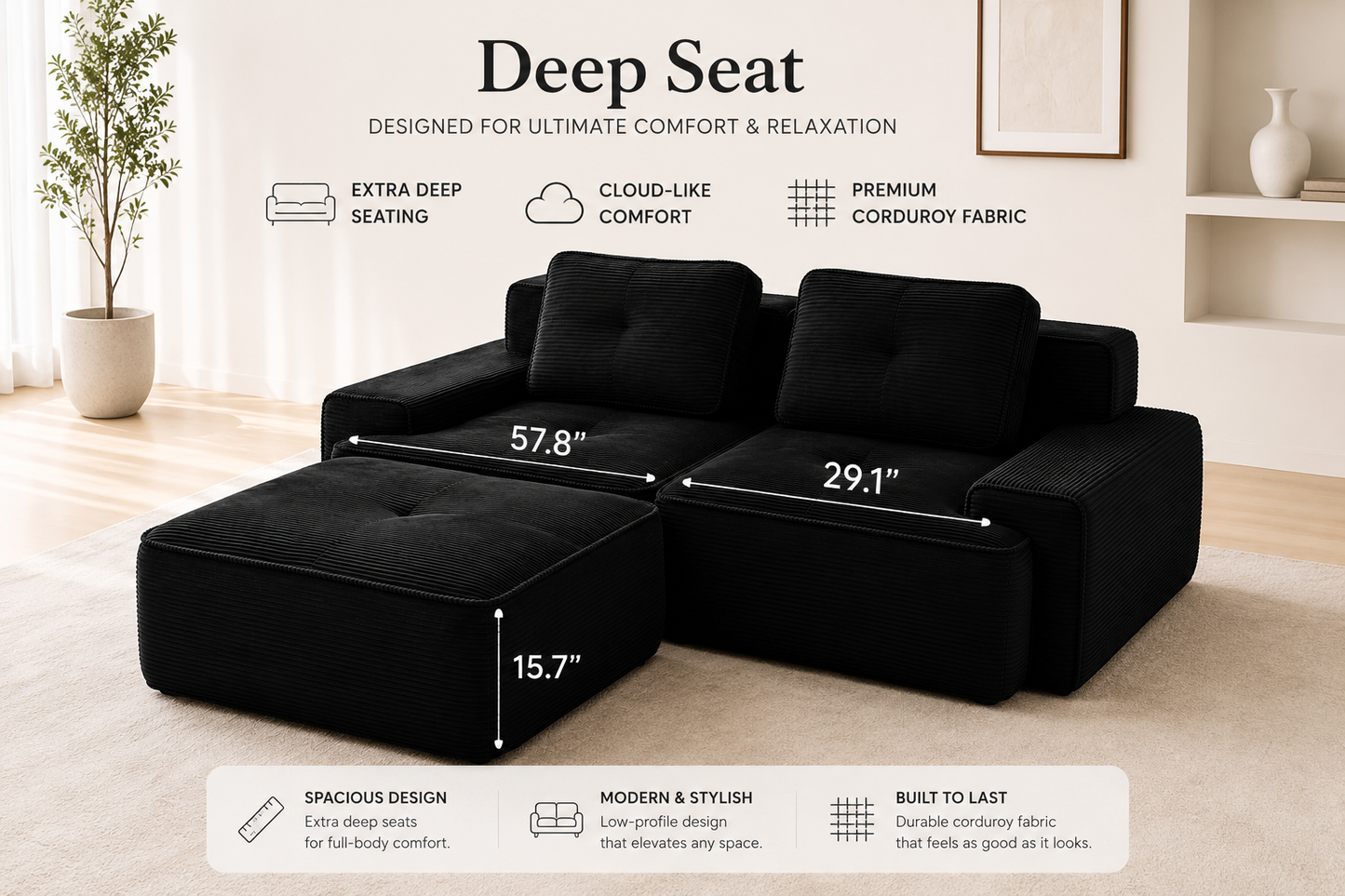 Black Modular Corduroy Sofa | Deep Seat 2 Seater Couch with Ottoman Option | No Assembly
