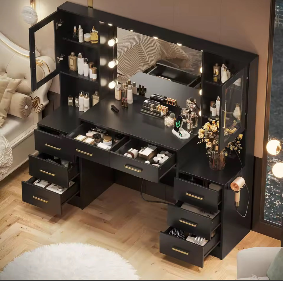 Black Makeup Vanity with Lights | Large Storage Vanity Desk |