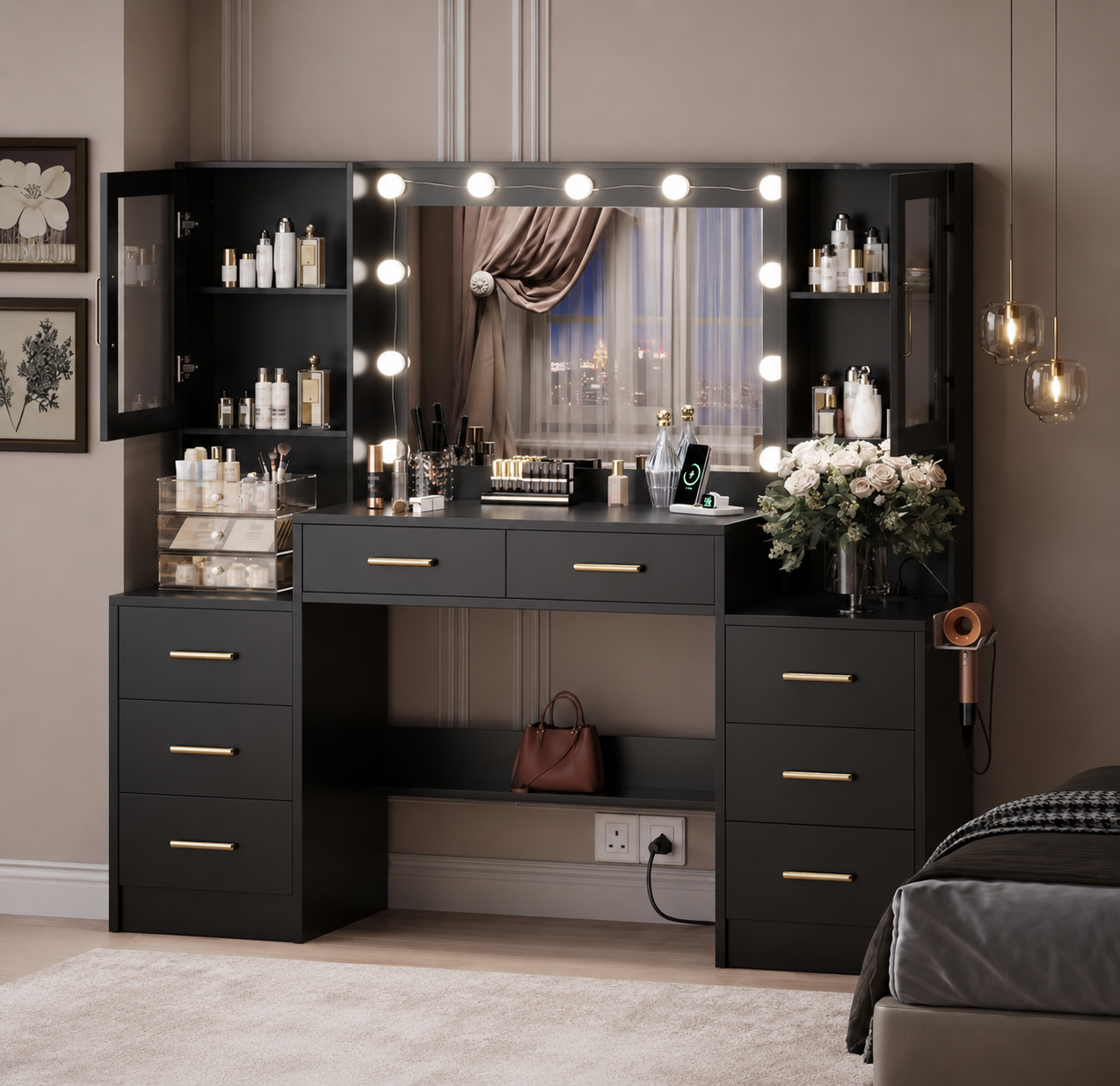 Black Makeup Vanity with Lights | Large Storage Vanity Desk |