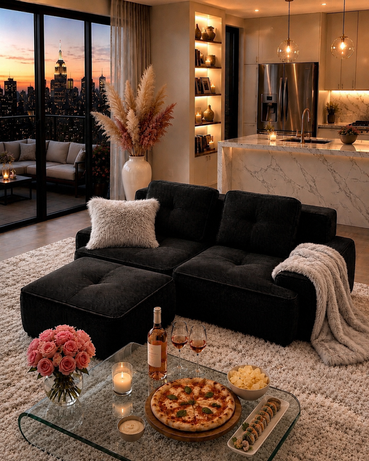 Black Modular Corduroy Sofa | Deep Seat 2 Seater Couch with Ottoman Option | No Assembly