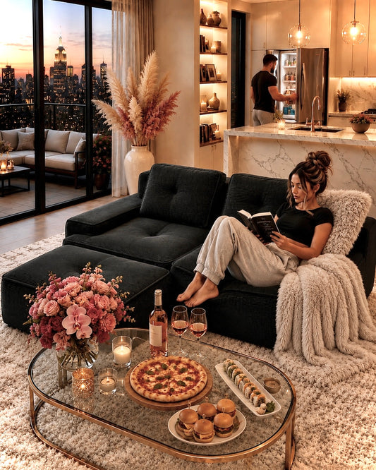 Black Modular Corduroy Sofa | Deep Seat 2 Seater Couch with Ottoman Option | No Assembly