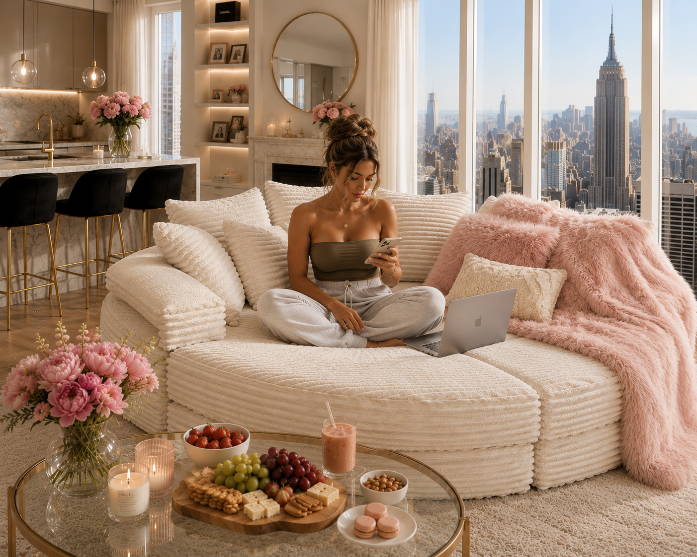 Oversized Round Cloud Couch | Convertible Corduroy Lounge Sofa Bed