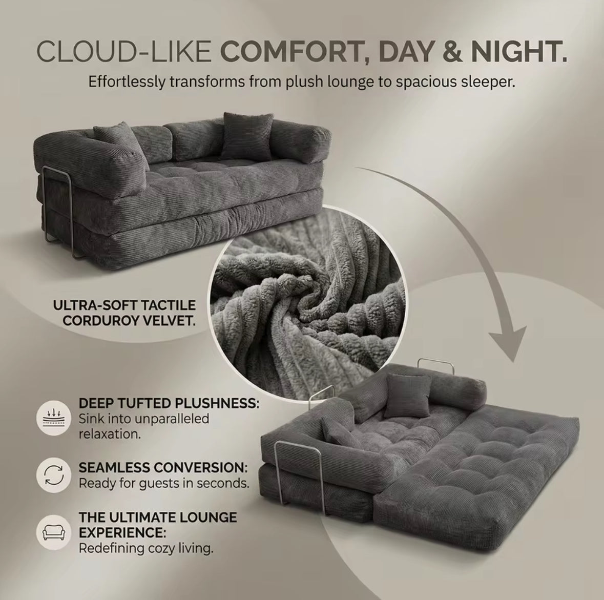 Cloud Corduroy Sleeper Sofa Bed | Deep Seat Lounge Couch | No Assembly Floor Sofa | Convertible Loveseat Furniture
