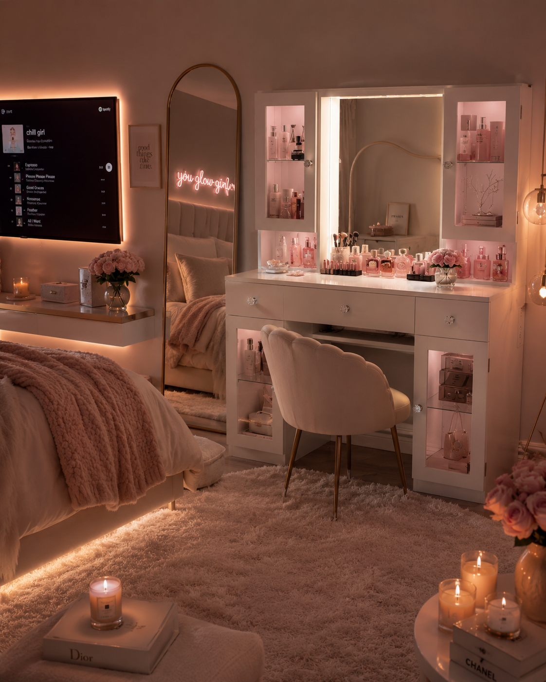 43” Glass Top Makeup Vanity | RGB LED Lights | Charging Station | White Vanity Desk | Mirror | Storage Cabinets