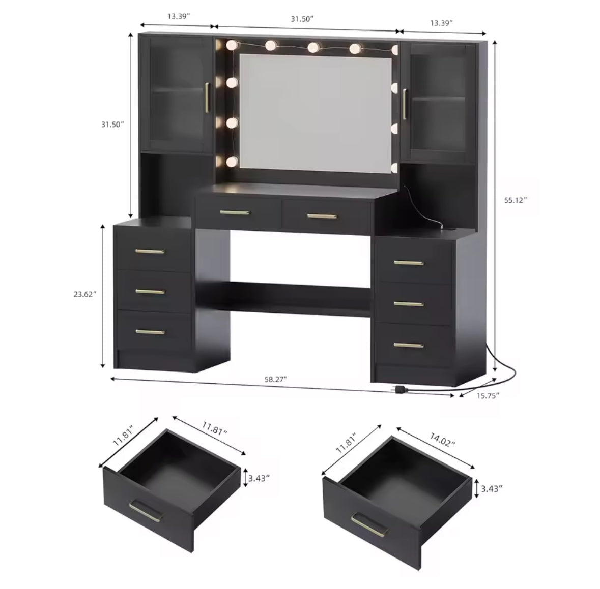 Black Makeup Vanity with Lights | Large Storage Vanity Desk |