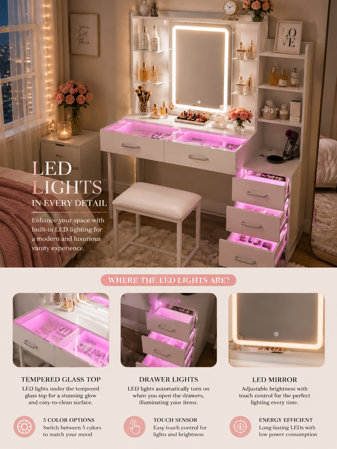 White Makeup Vanity | LED Mirror | Vanity Desk with Glass Top | RGB Lights | 5 Drawers |Power Outlet | Bench Included