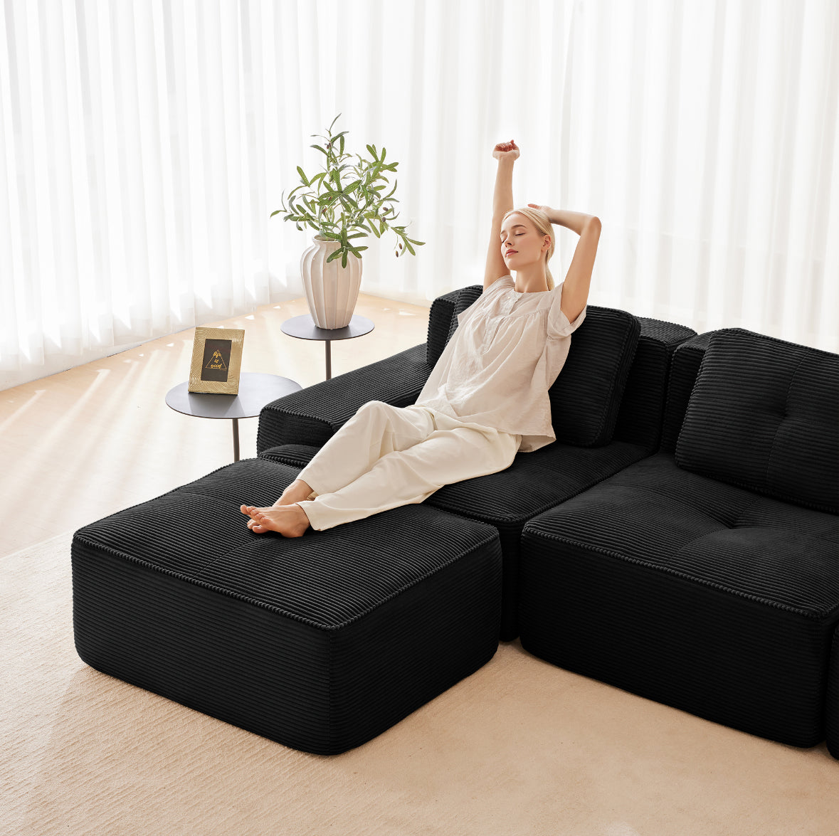 Black Modular Corduroy Sofa | Deep Seat 2 Seater Couch with Ottoman Option | No Assembly