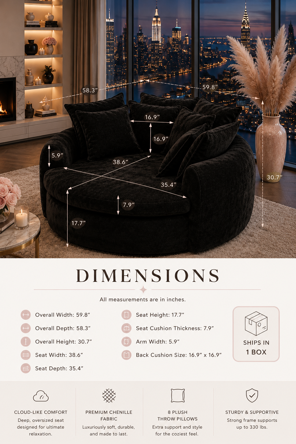 59.8” Cloud Lounge Sofa | Black Chenille Sleeper Couch | Oversized Chair