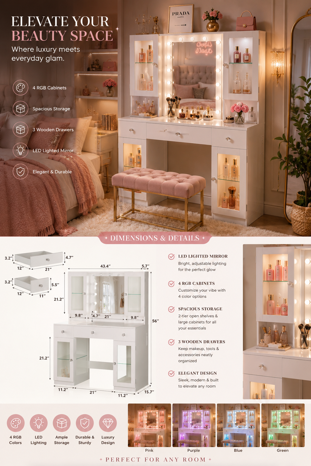 43” Glass Top Makeup Vanity | RGB LED Lights | Charging Station | White Vanity Desk | Mirror | Storage Cabinets