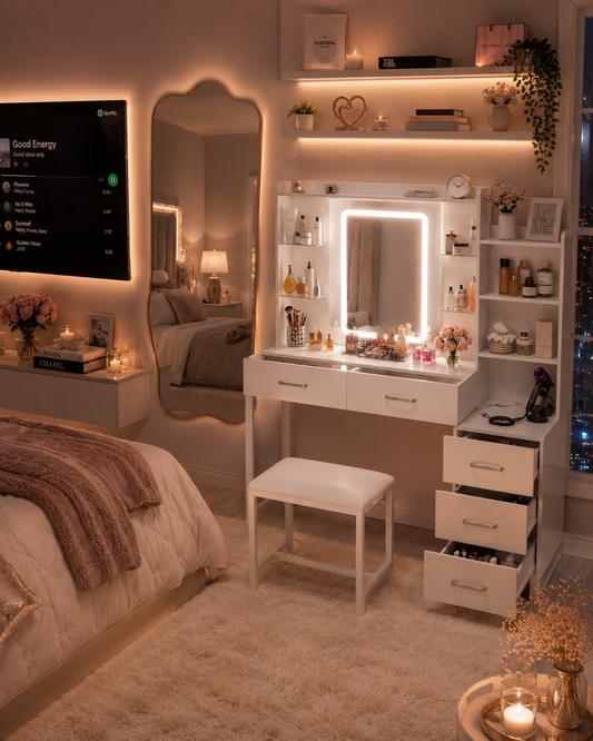 White Makeup Vanity | LED Mirror | Vanity Desk with Glass Top | RGB Lights | 5 Drawers |Power Outlet | Bench Included